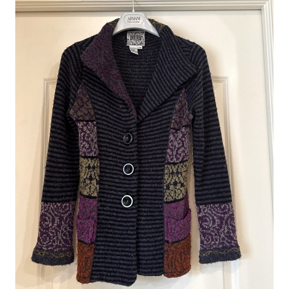 Curio Sweater Jacket Vintage Hand Knit Crocheted Boho Acrylic Wool Blend Size PS